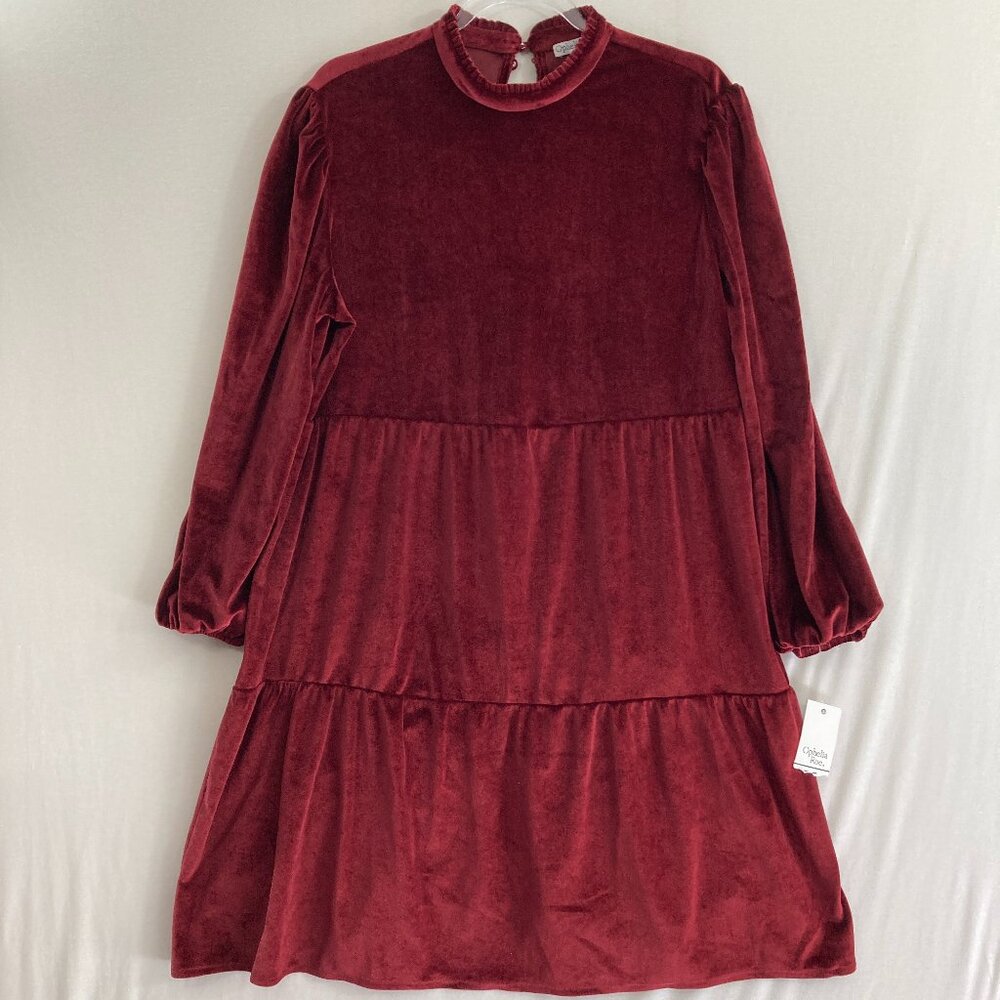 New Ophelia Roe Velvet Tiered Dress size XL Burgundy Stretch Mock Neck Evening